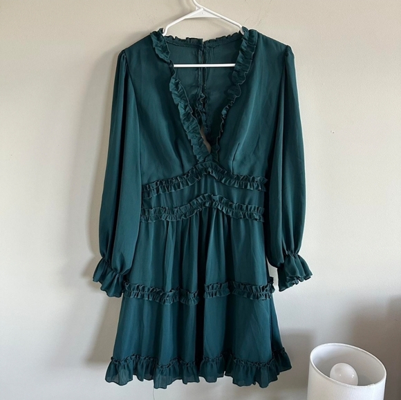 Forest Green Deep V Neck Ruffle Long Sleeve Open Back Flowy Mini Dress - Picture 4 of 7